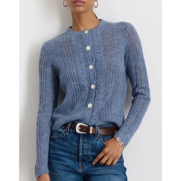 Alex Mill Faye Pointelle Crop Cardigan in Frost Blue Wool Mohair - Picture 1 of 8